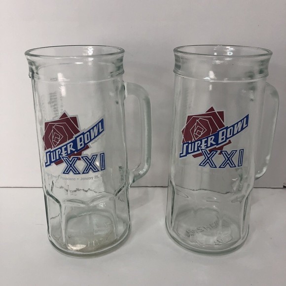 Vintage Super Bowl XXI (21) Glass Mugs, Set Of 2, 1986/7, Pasedena, Fisher, Cup